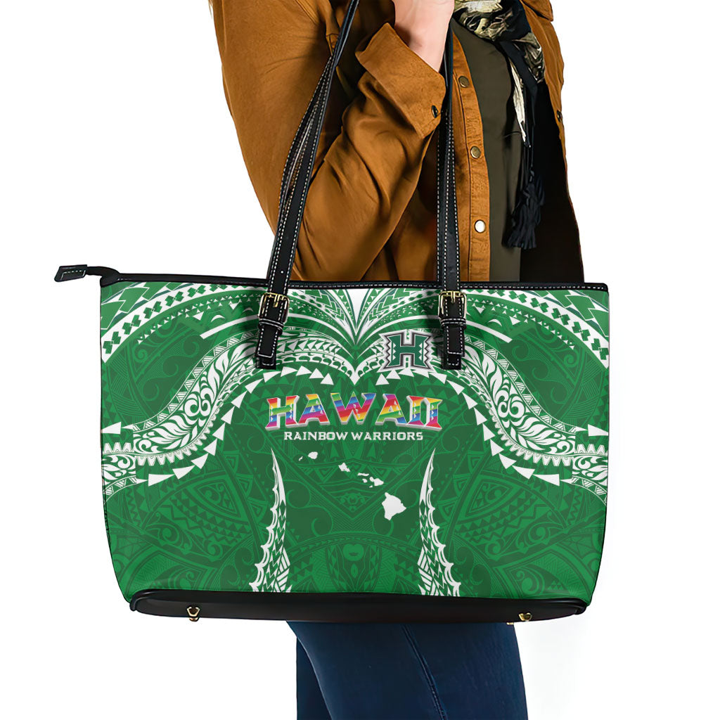 Hawaii Rainbow Warriors Leather Tote Bag Polynesian Motif Green Color