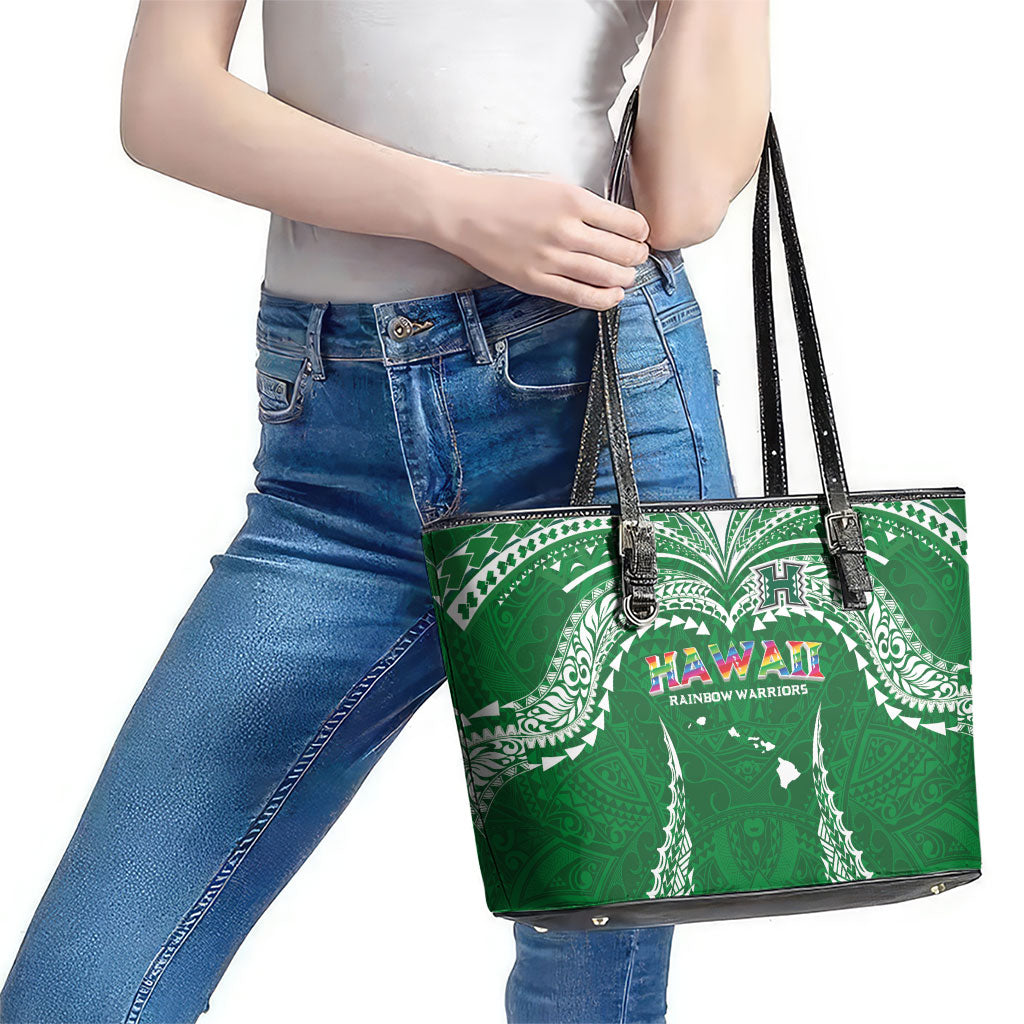 Hawaii Rainbow Warriors Leather Tote Bag Polynesian Motif Green Color
