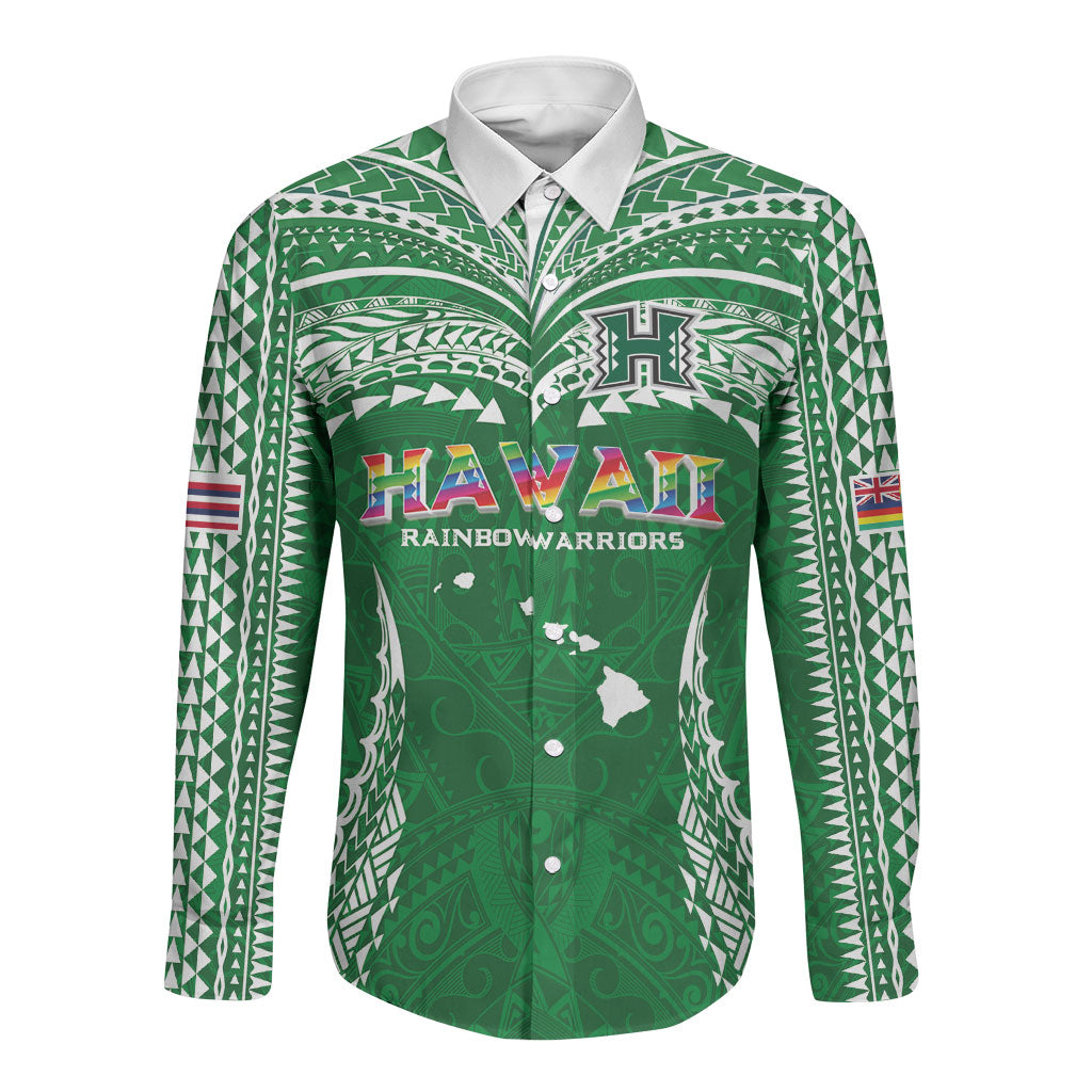 Custom Hawaii Rainbow Warriors Long Sleeve Button Shirt Polynesian Motif Green Color