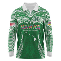 Custom Hawaii Rainbow Warriors Long Sleeve Polo Shirt Polynesian Motif Green Color