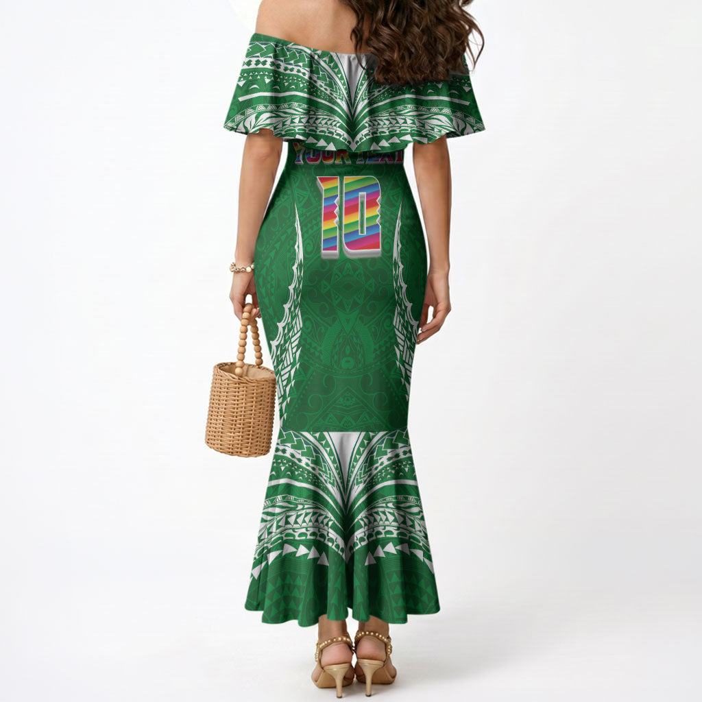 Custom Hawaii Rainbow Warriors Mermaid Dress Polynesian Motif Green Color