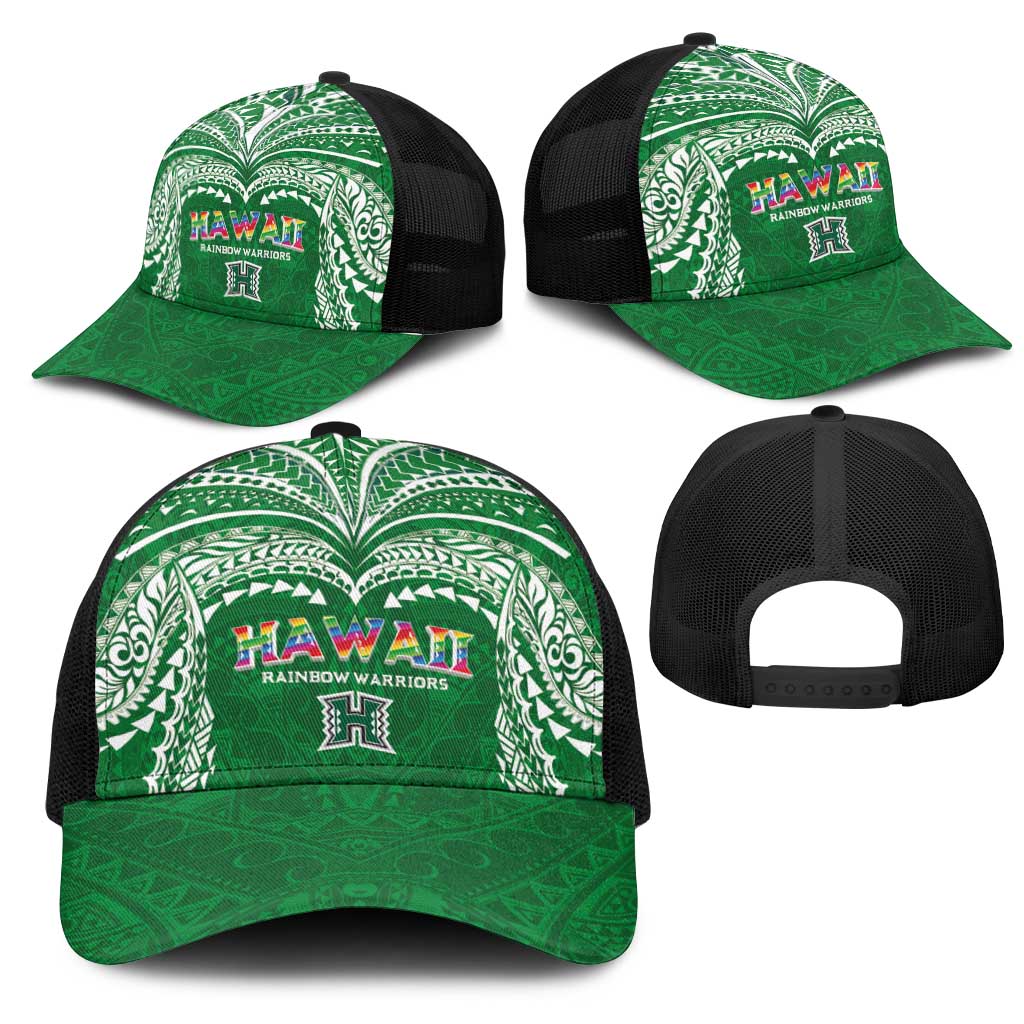 Hawaii Rainbow Warriors Mesh Trucker Cap Polynesian Motif Green Color