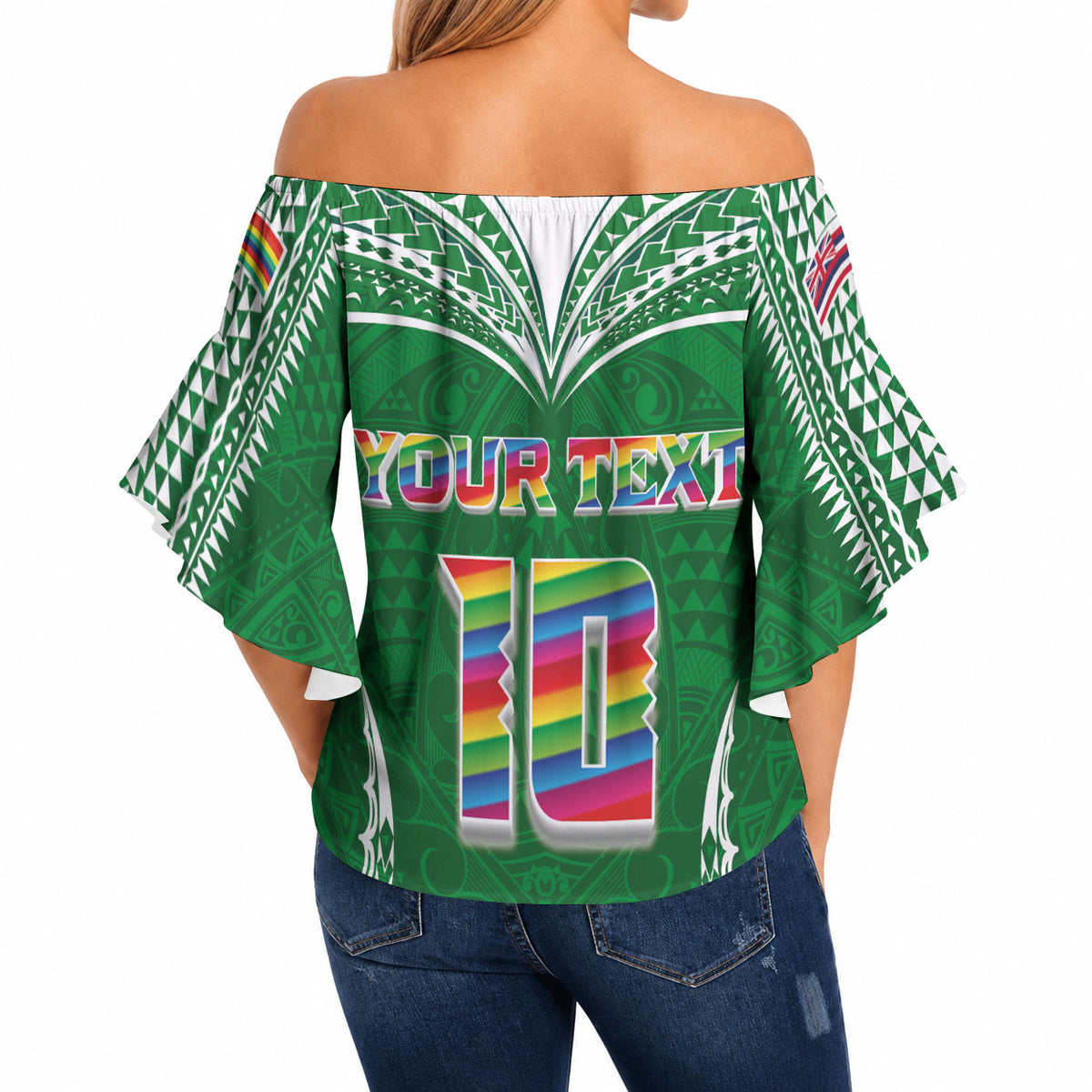 Custom Hawaii Rainbow Warriors Off Shoulder Wrap Waist Top Polynesian Motif Green Color