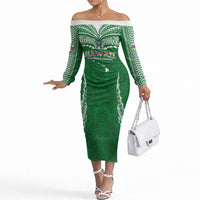 Custom Hawaii Rainbow Warriors Off The Shoulder Long Sleeve Dress Polynesian Motif Green Color