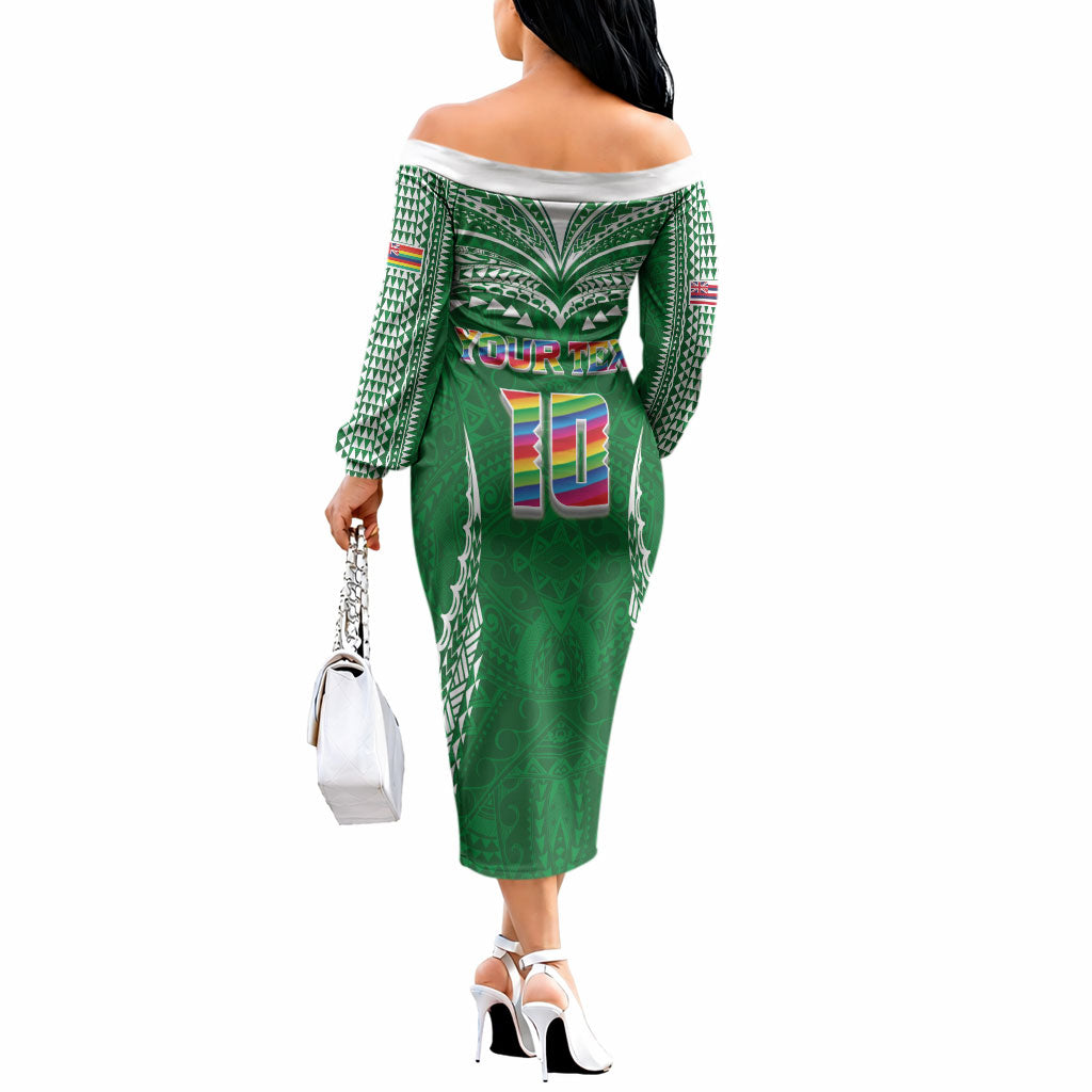 Custom Hawaii Rainbow Warriors Off The Shoulder Long Sleeve Dress Polynesian Motif Green Color