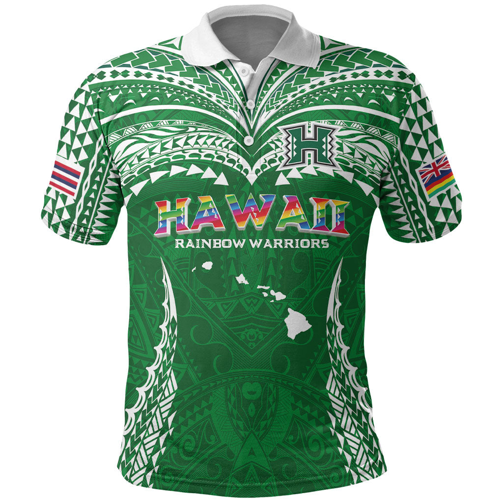 Custom Hawaii Rainbow Warriors Polo Shirt Polynesian Motif Green Color