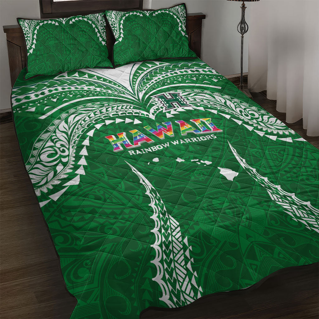 Hawaii Rainbow Warriors Quilt Bed Set Polynesian Motif Green Color