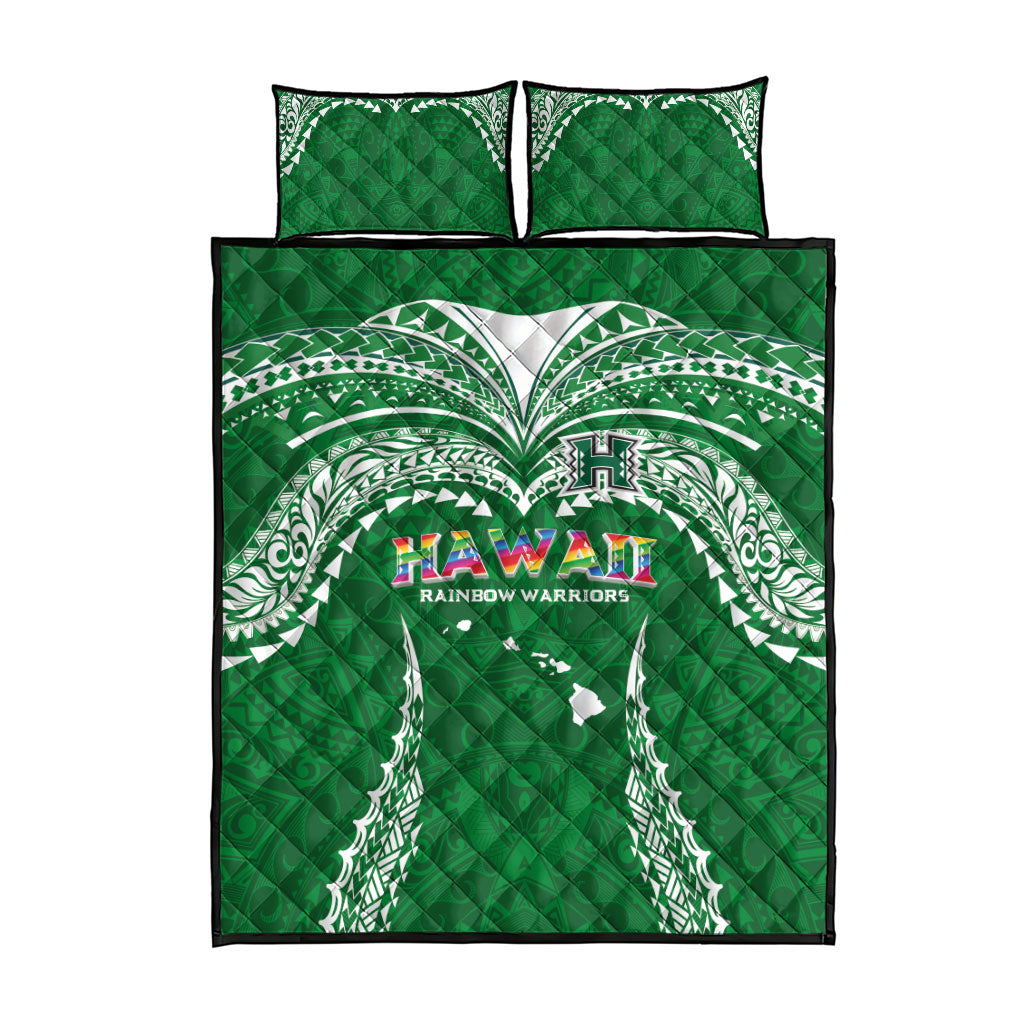 Hawaii Rainbow Warriors Quilt Bed Set Polynesian Motif Green Color