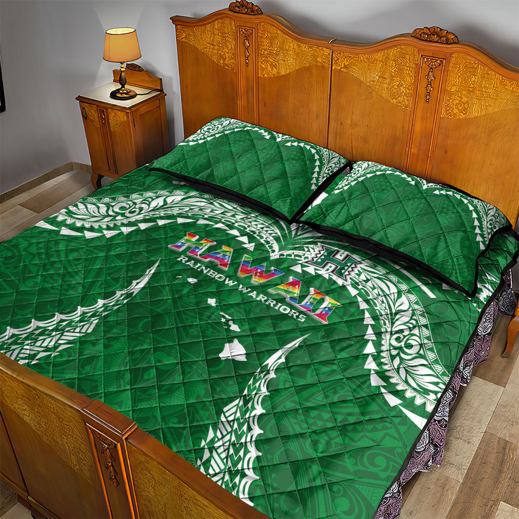 Hawaii Rainbow Warriors Quilt Bed Set Polynesian Motif Green Color