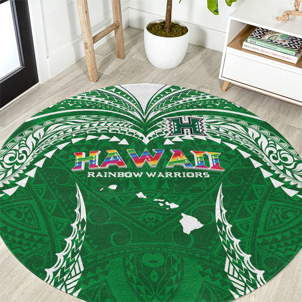 Hawaii Rainbow Warriors Round Carpet Polynesian Motif Green Color