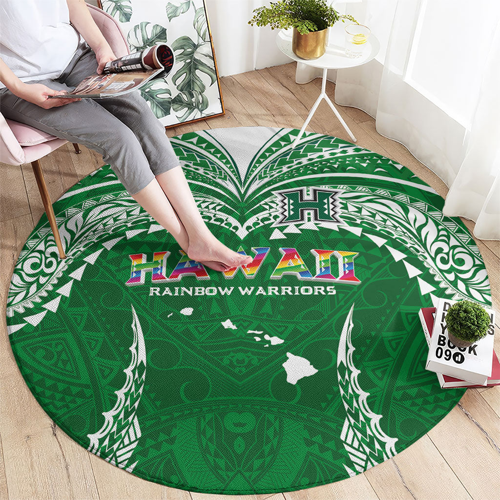 Hawaii Rainbow Warriors Round Carpet Polynesian Motif Green Color