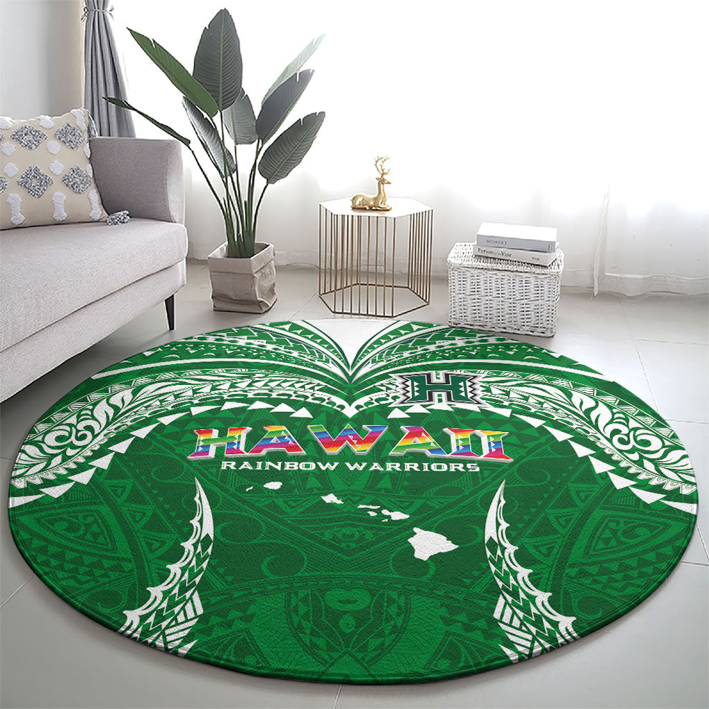 Hawaii Rainbow Warriors Round Carpet Polynesian Motif Green Color