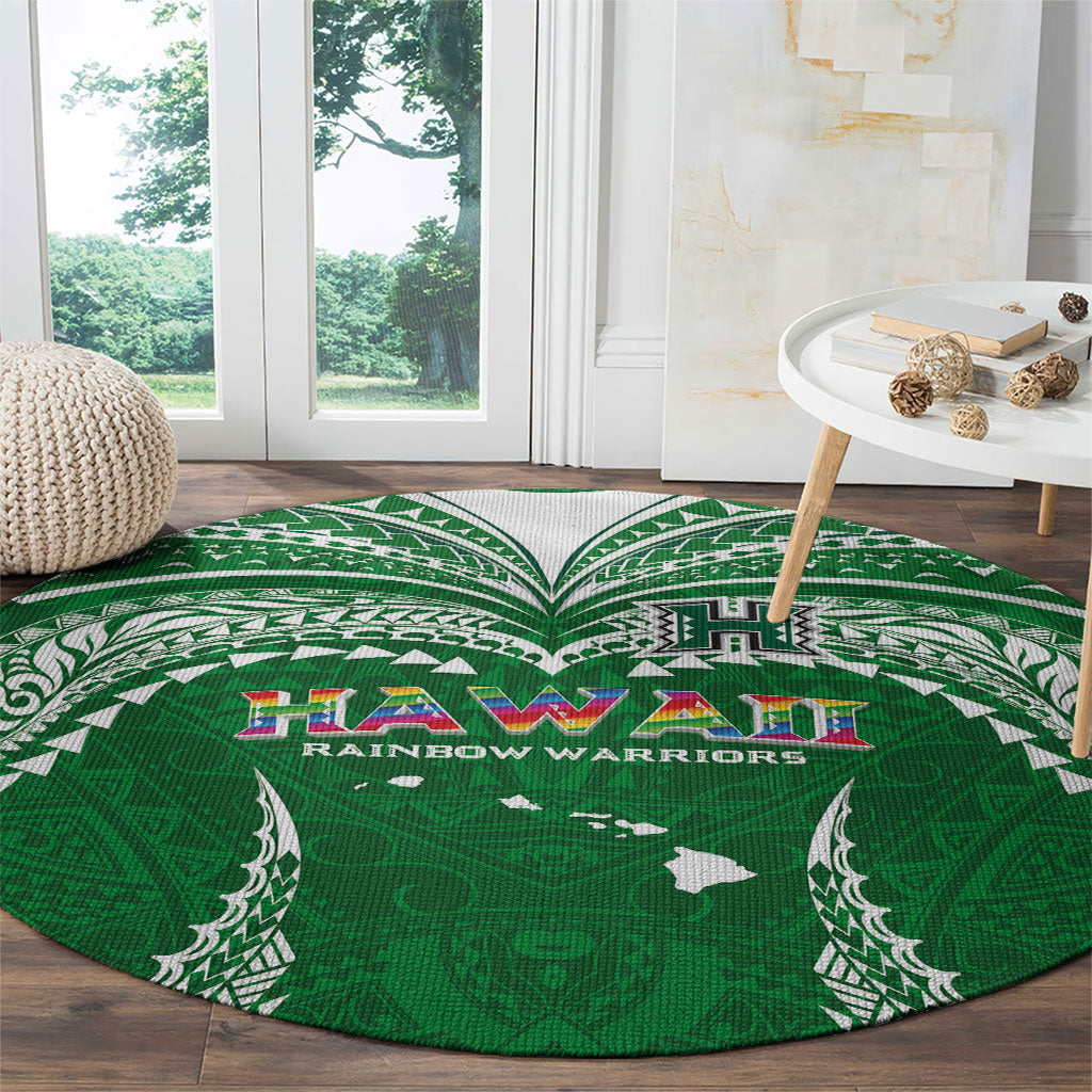 Hawaii Rainbow Warriors Round Carpet Polynesian Motif Green Color
