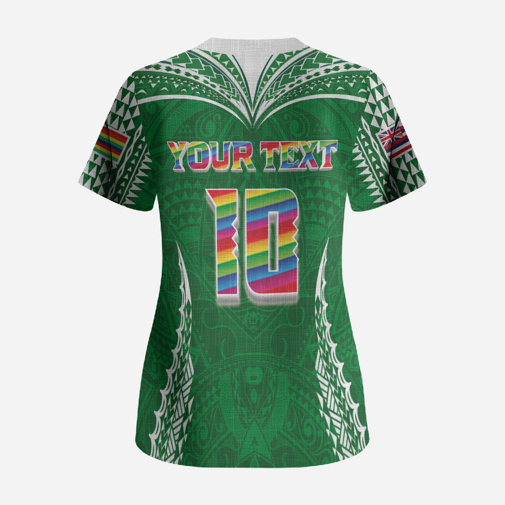 Custom Hawaii Rainbow Warriors Scrub Top Polynesian Motif Green Color