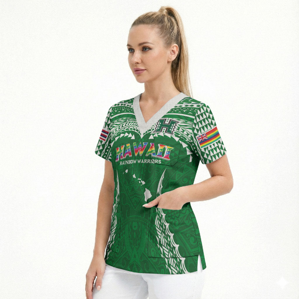 Custom Hawaii Rainbow Warriors Scrub Top Polynesian Motif Green Color