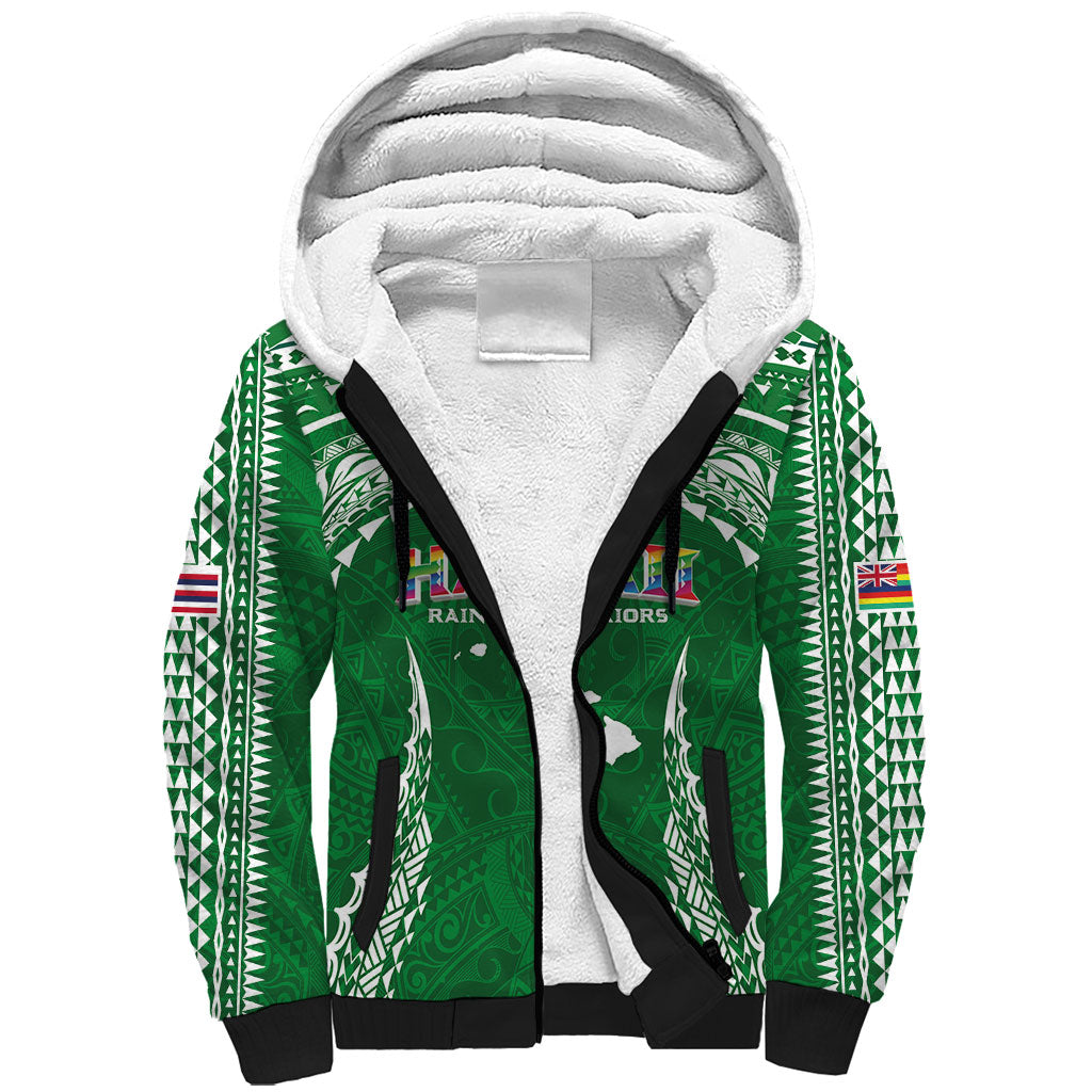 Custom Hawaii Rainbow Warriors Sherpa Hoodie Polynesian Motif Green Color