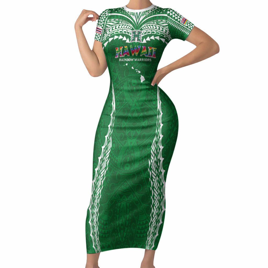 Custom Hawaii Rainbow Warriors Short Sleeve Bodycon Dress Polynesian Motif Green Color