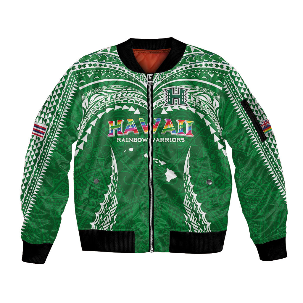 Custom Hawaii Rainbow Warriors Sleeve Zip Bomber Jacket Polynesian Motif Green Color