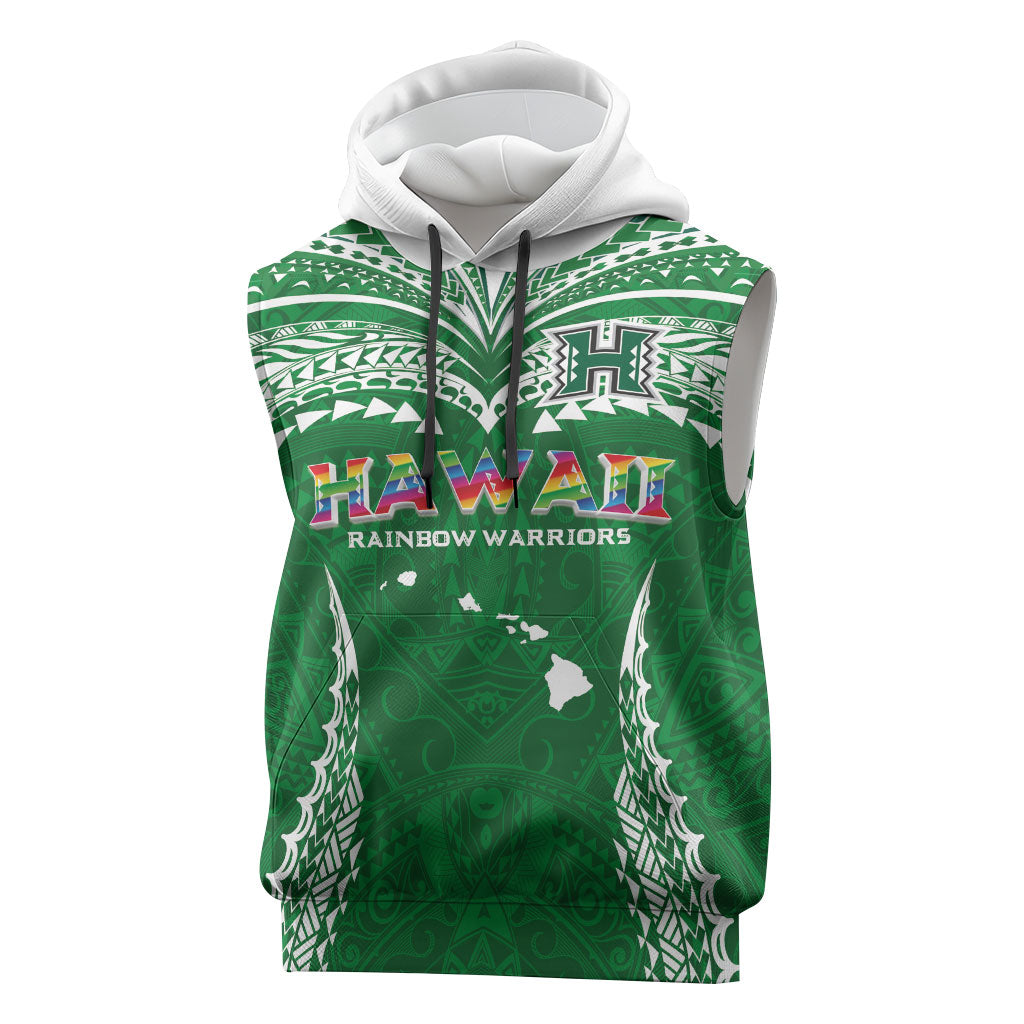 Custom Hawaii Rainbow Warriors Sleeveless Hoodie Polynesian Motif Green Color