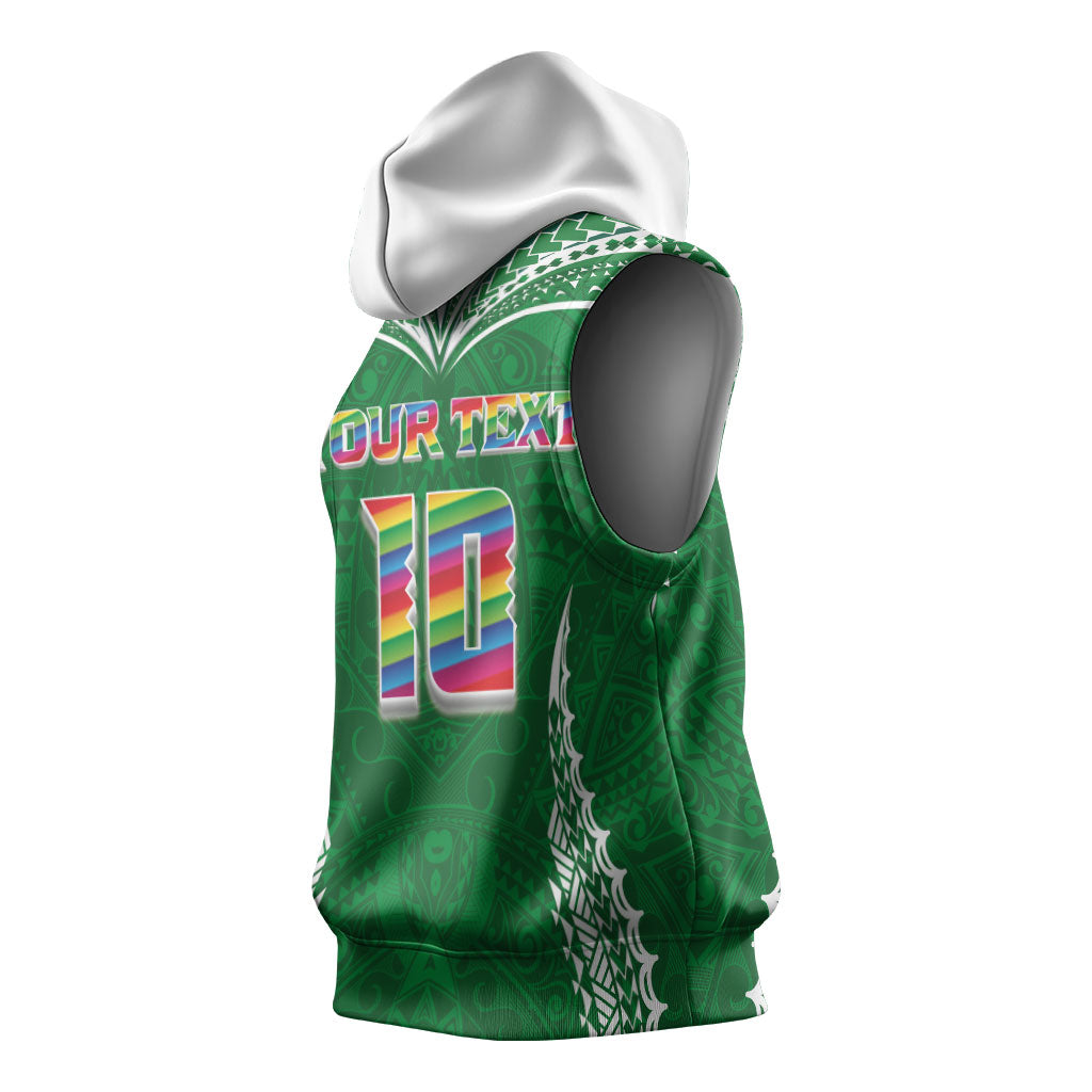 Custom Hawaii Rainbow Warriors Sleeveless Hoodie Polynesian Motif Green Color