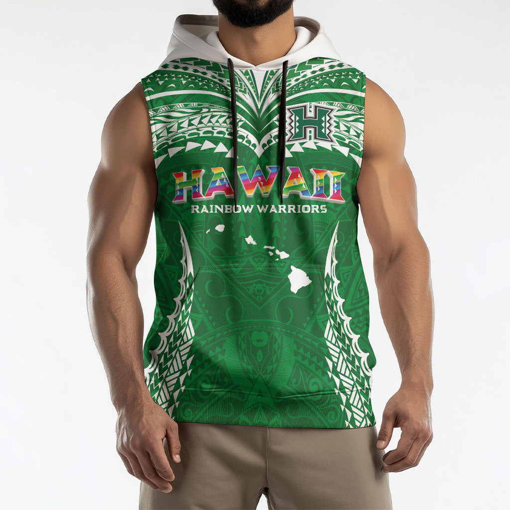 Custom Hawaii Rainbow Warriors Sleeveless Hoodie Polynesian Motif Green Color