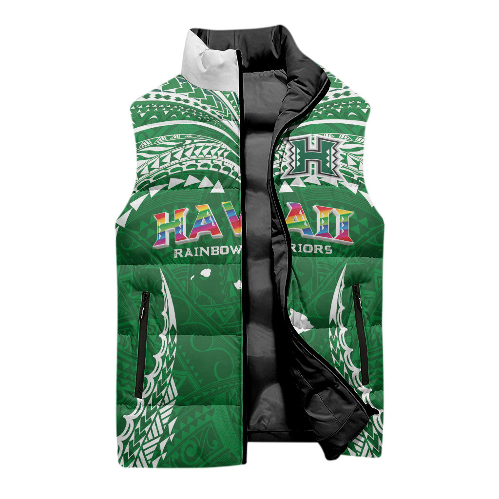 Custom Hawaii Rainbow Warriors Sleeveless Puffer Jacket Polynesian Motif Green Color