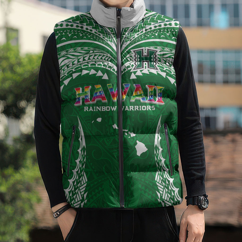 Custom Hawaii Rainbow Warriors Sleeveless Puffer Jacket Polynesian Motif Green Color