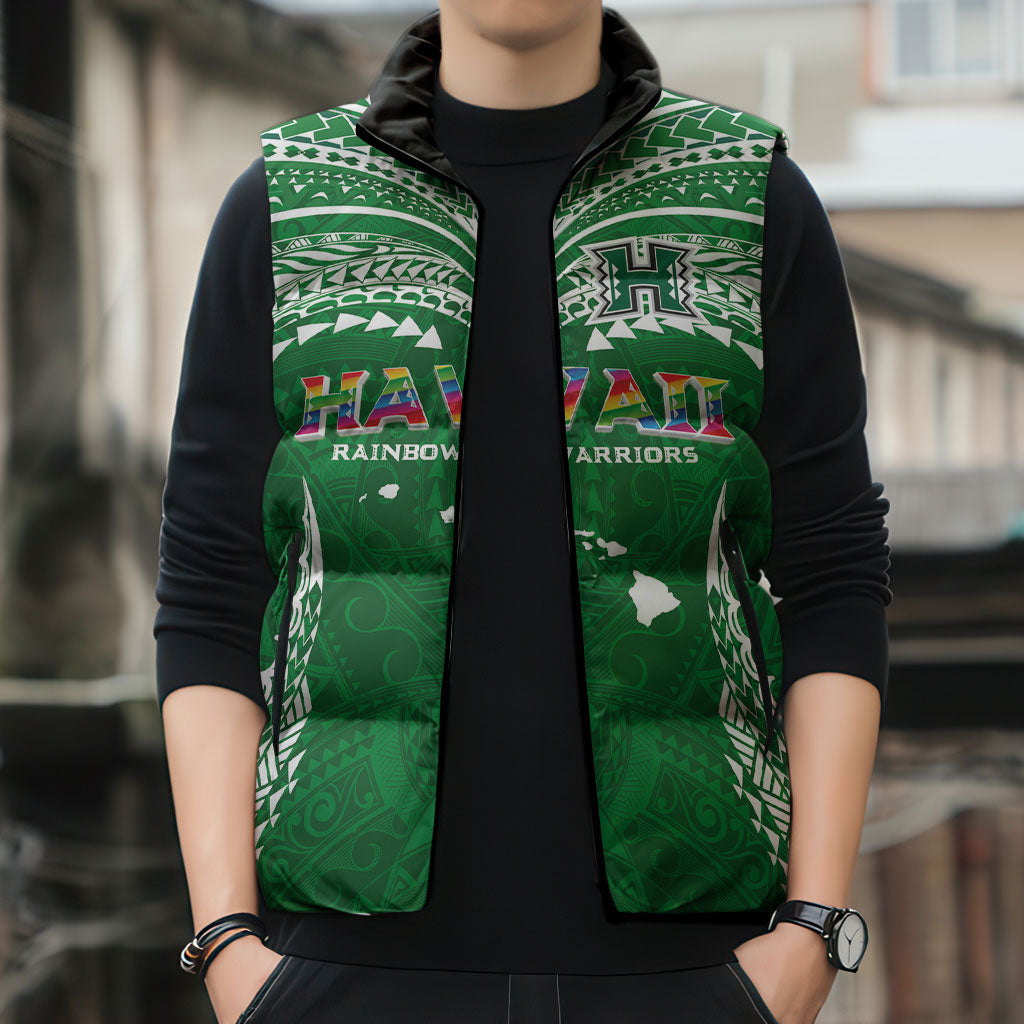 Custom Hawaii Rainbow Warriors Sleeveless Puffer Jacket Polynesian Motif Green Color