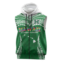 Custom Hawaii Rainbow Warriors Sleeveless Zip Hoodie Polynesian Motif Green Color