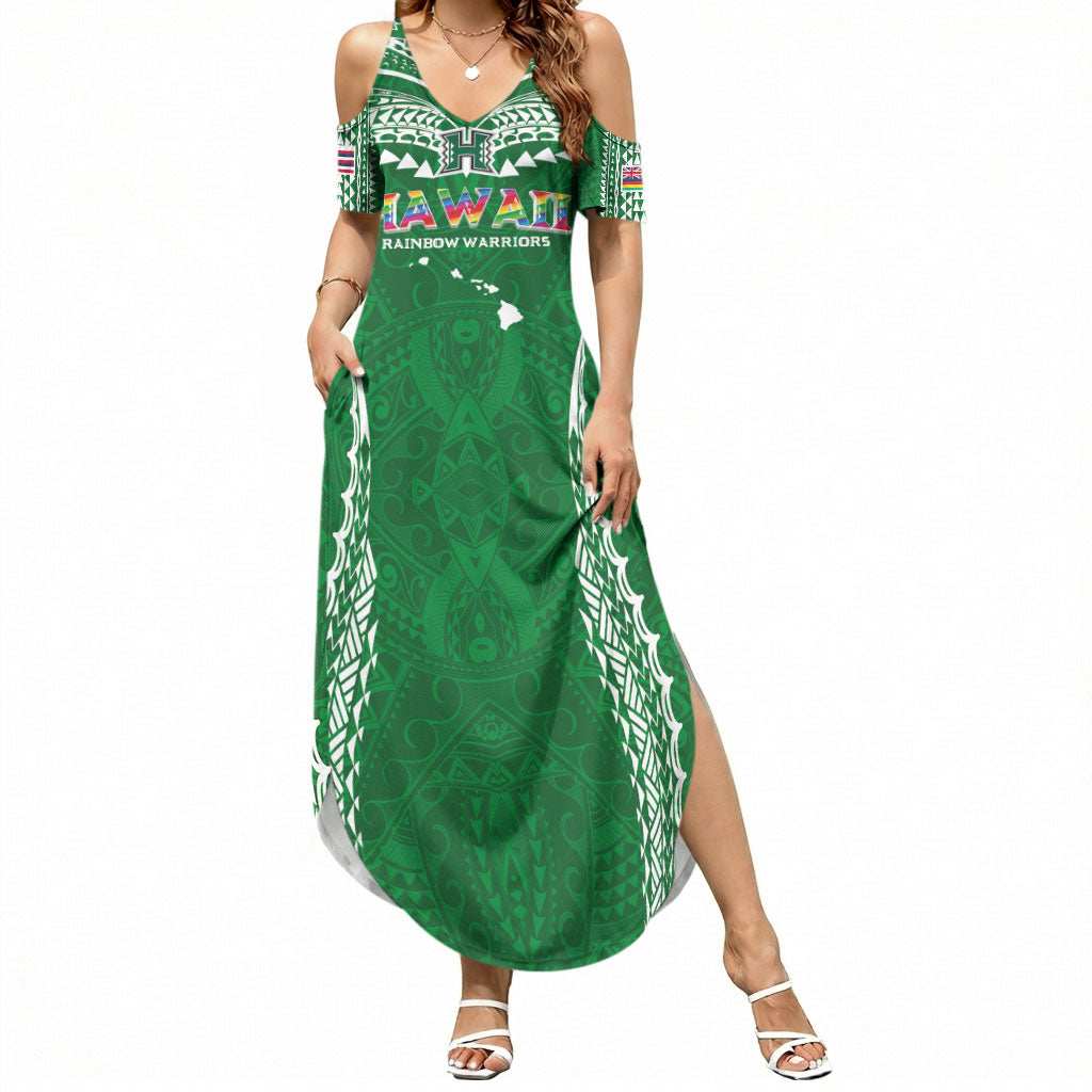 Custom Hawaii Rainbow Warriors Summer Maxi Dress Polynesian Motif Green Color