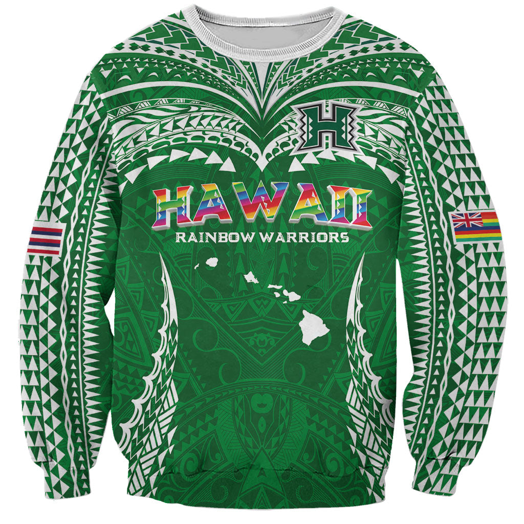 Custom Hawaii Rainbow Warriors Sweatshirt Polynesian Motif Green Color