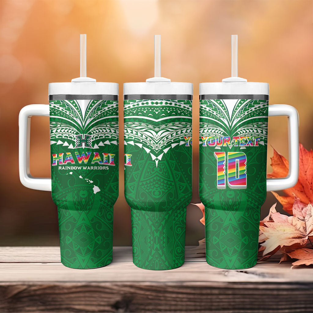 Custom Hawaii Rainbow Warriors Tumbler With Handle Polynesian Motif Green Color