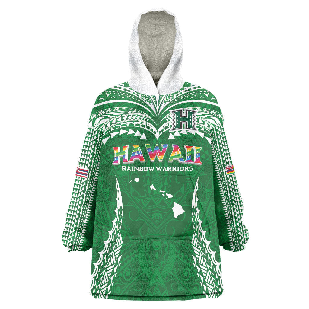 Custom Hawaii Rainbow Warriors Wearable Blanket Hoodie Polynesian Motif Green Color