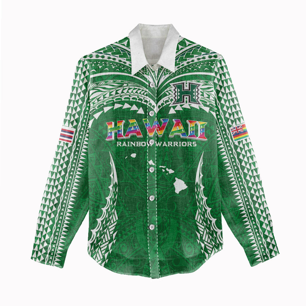Custom Hawaii Rainbow Warriors Women Casual Shirt Polynesian Motif Green Color