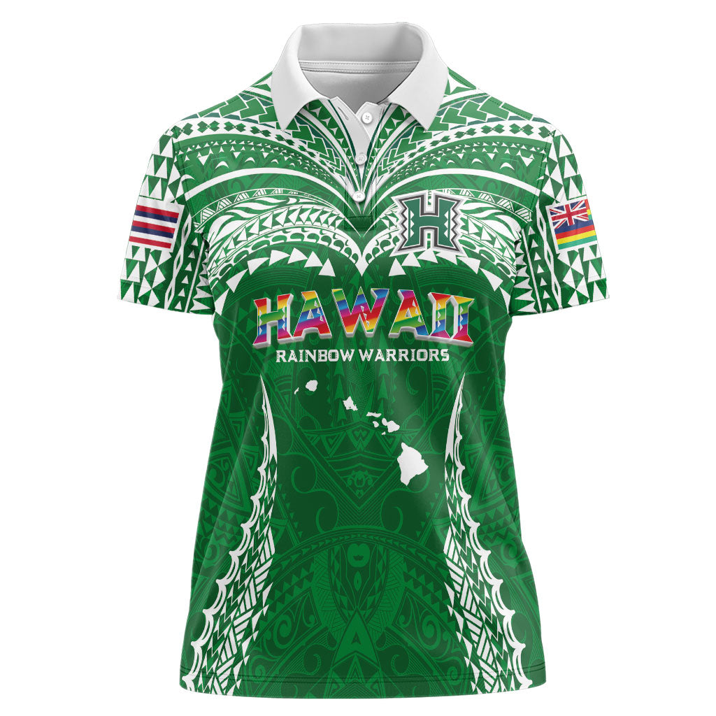 Custom Hawaii Rainbow Warriors Women Polo Shirt Polynesian Motif Green Color