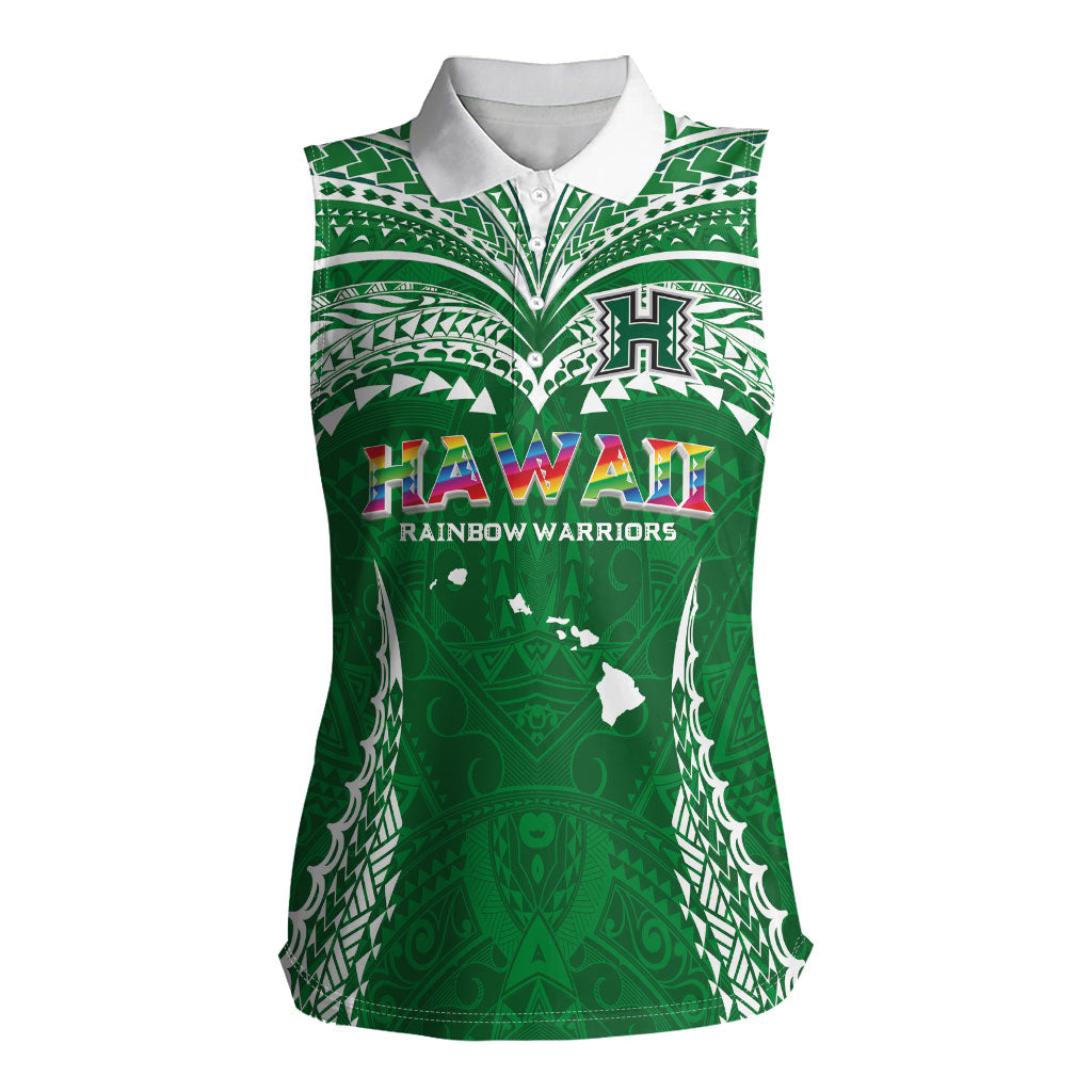 Custom Hawaii Rainbow Warriors Women Sleeveless Polo Shirt Polynesian Motif Green Color