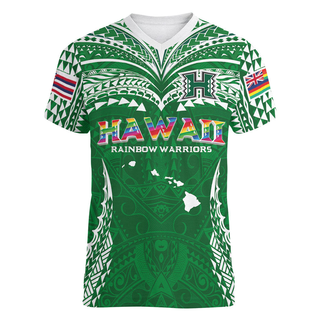 Custom Hawaii Rainbow Warriors Women V-Neck T-Shirt Polynesian Motif Green Color