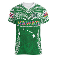 Custom Hawaii Rainbow Warriors Women V-Neck T-Shirt Polynesian Motif Green Color