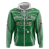 Custom Hawaii Rainbow Warriors Zip Hoodie Polynesian Motif Green Color