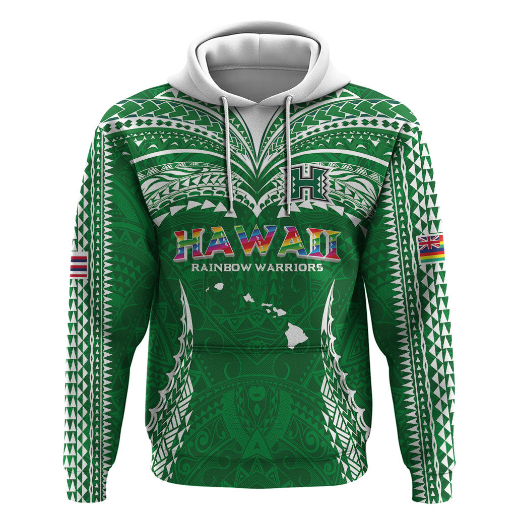 Custom Hawaii Rainbow Warriors Zip Hoodie Polynesian Motif Green Color