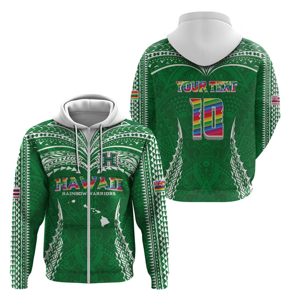 Custom Hawaii Rainbow Warriors Zip Hoodie Polynesian Motif Green Color