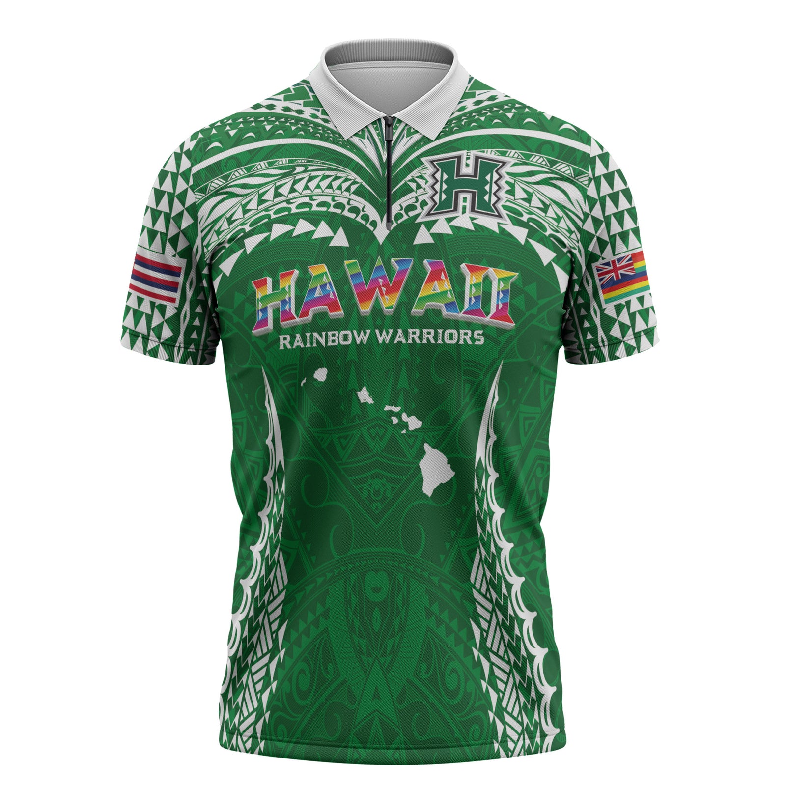Custom Hawaii Rainbow Warriors Zipper Polo Shirt Polynesian Motif Green Color