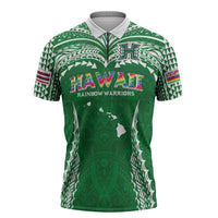 Custom Hawaii Rainbow Warriors Zipper Polo Shirt Polynesian Motif Green Color