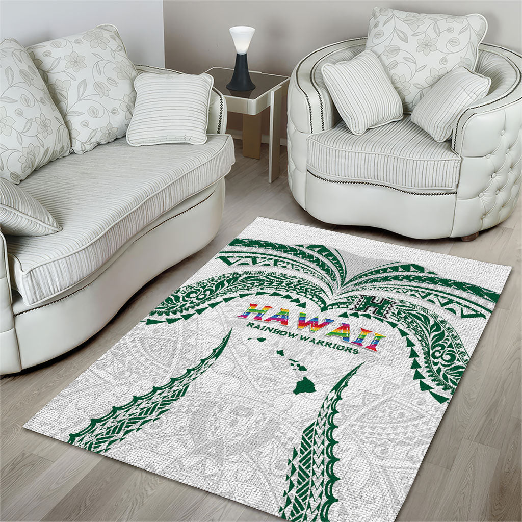 Hawaii Rainbow Warriors Area Rug Polynesian Motif White Color