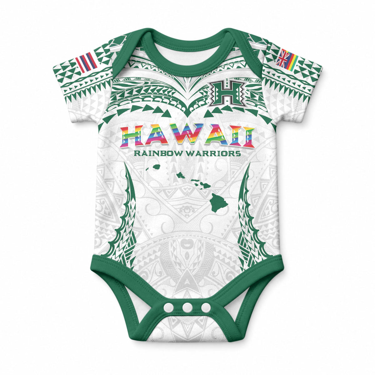Custom Hawaii Rainbow Warriors Baby Onesie Polynesian Motif White Color