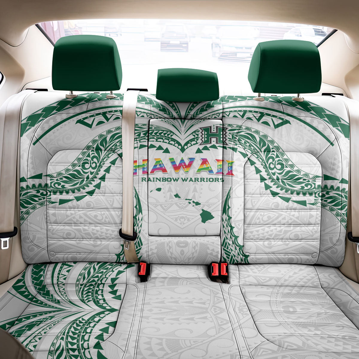 Hawaii Rainbow Warriors Back Car Seat Cover Polynesian Motif White Color