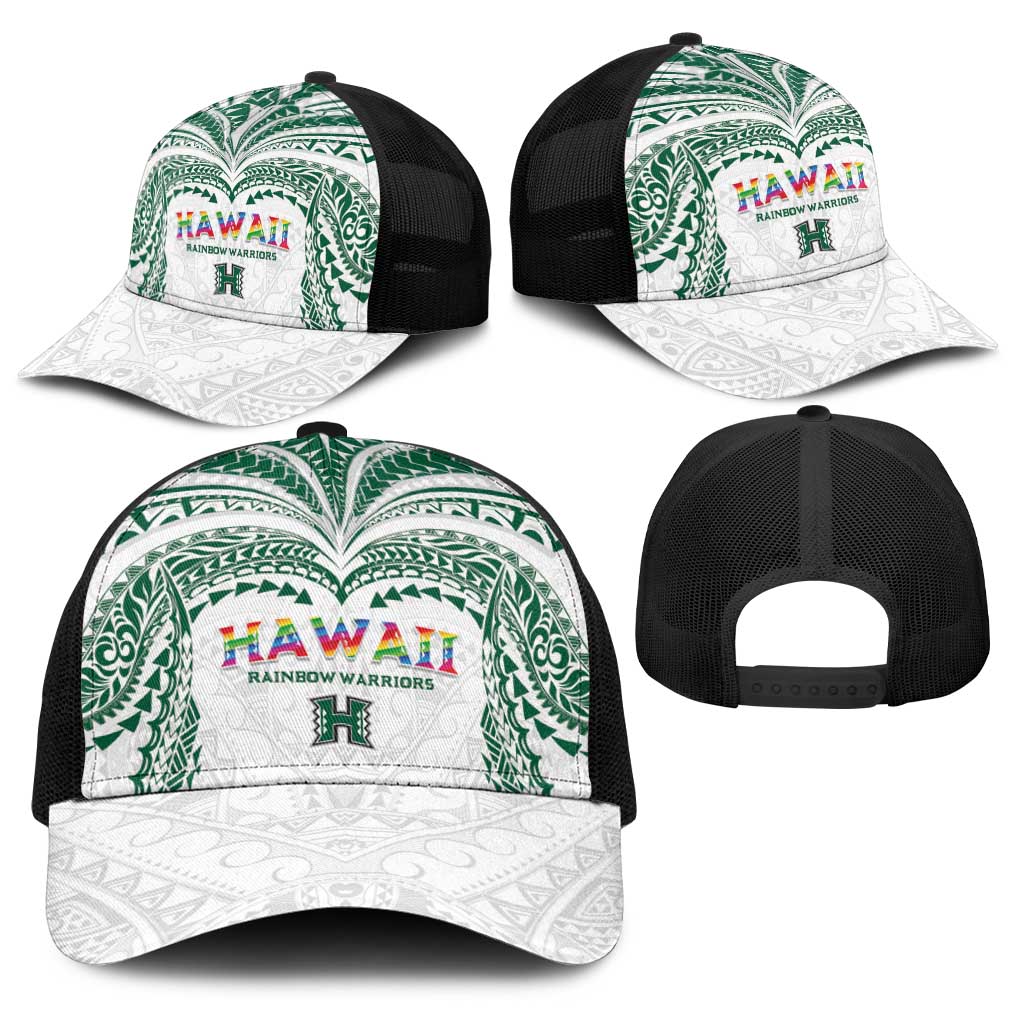 Hawaii Rainbow Warriors Baseball Net Cap Polynesian Motif White Color