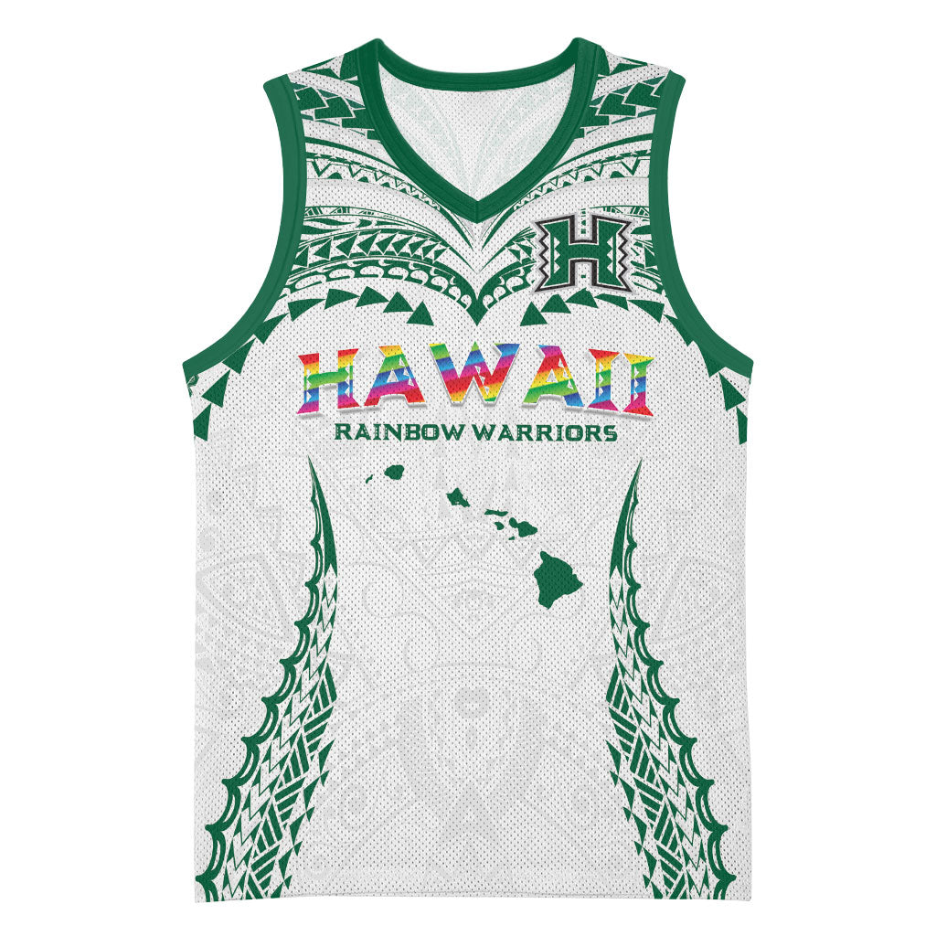 Custom Hawaii Rainbow Warriors Basketball Jersey Polynesian Motif White Color