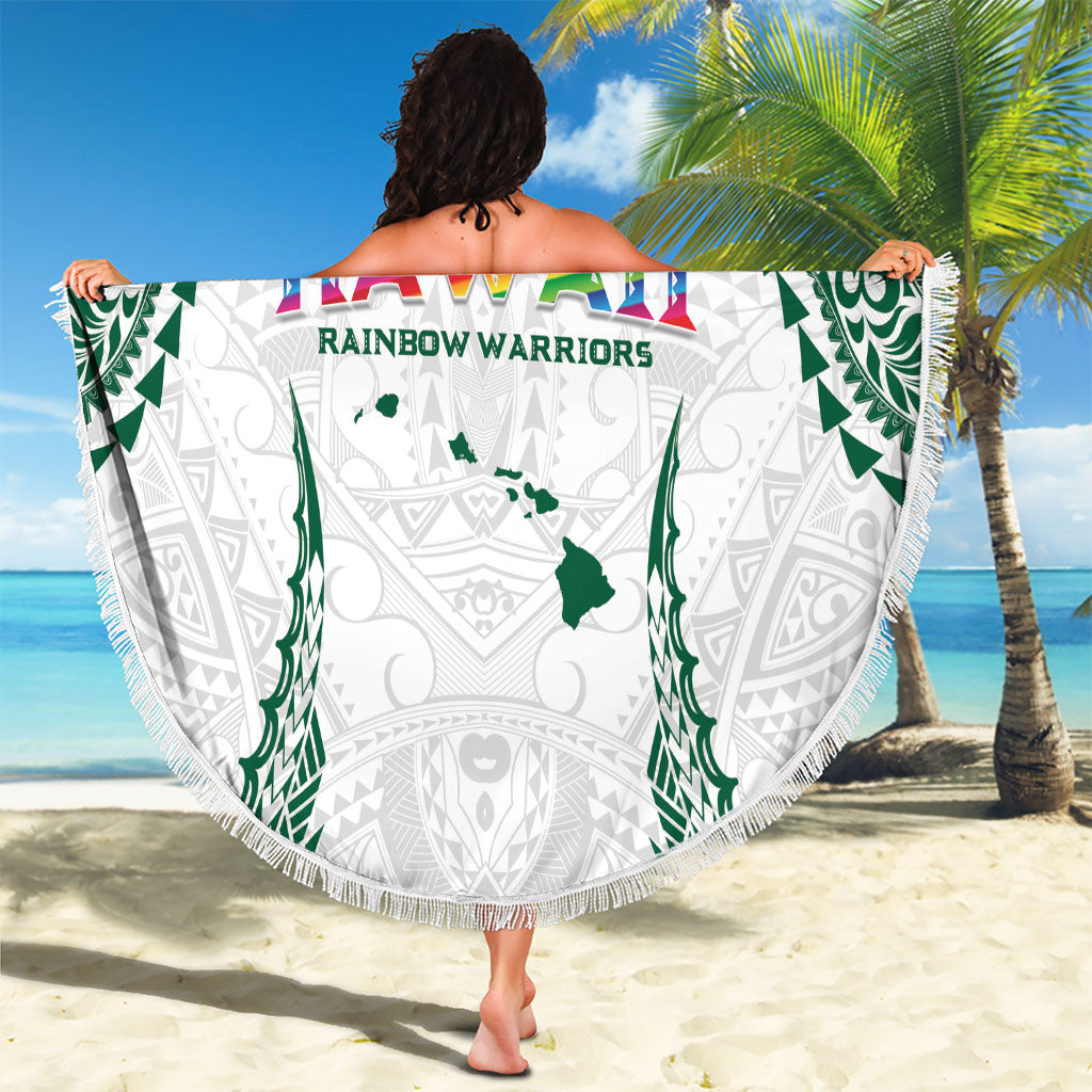 Hawaii Rainbow Warriors Beach Blanket Polynesian Motif White Color