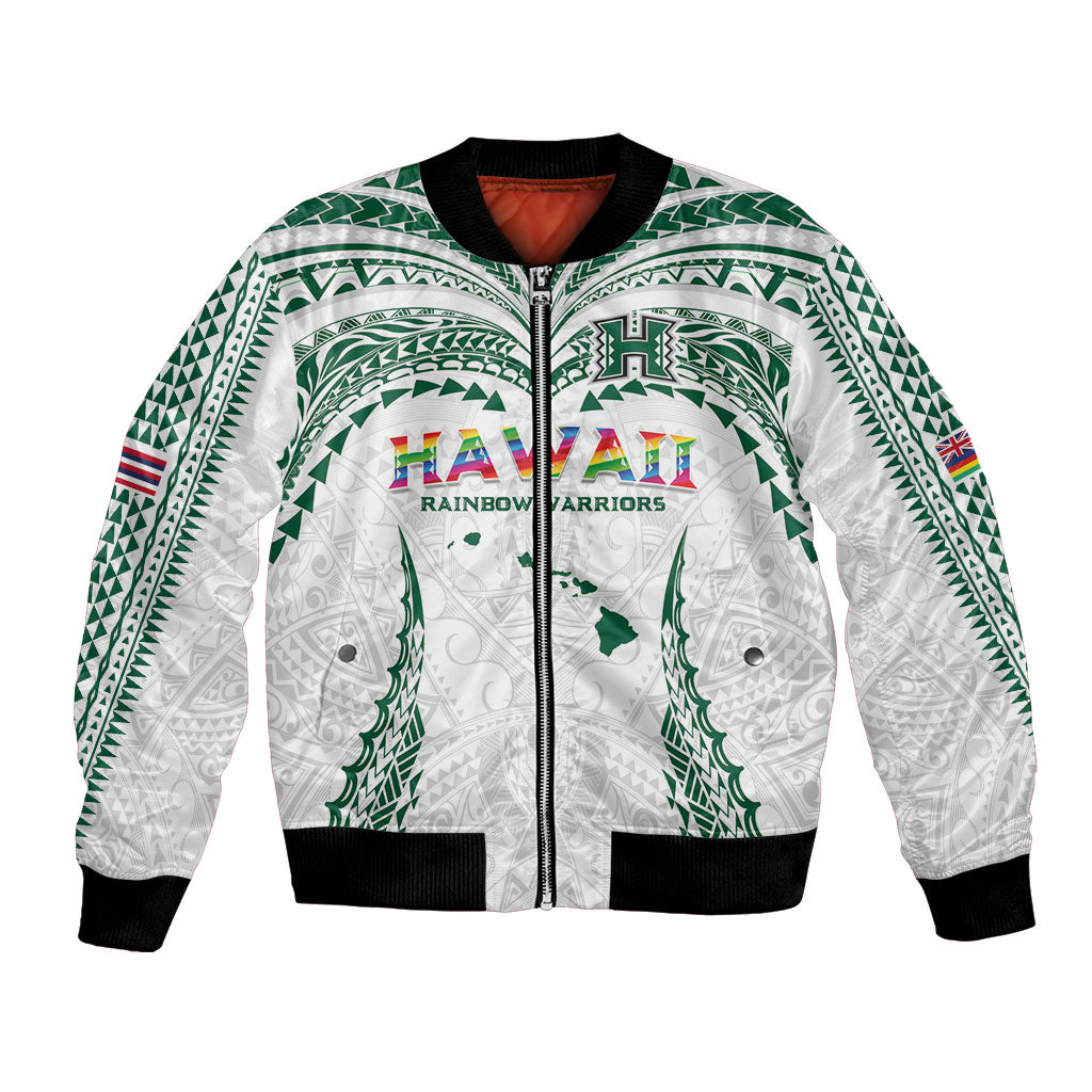 Custom Hawaii Rainbow Warriors Bomber Jacket Polynesian Motif White Color